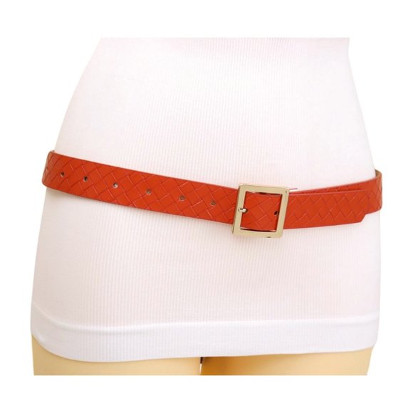 Alwaystyle4you Accessories - Women Orange Color Basket Weave Skinny Belt Gold Metal Square Buckle Size S M